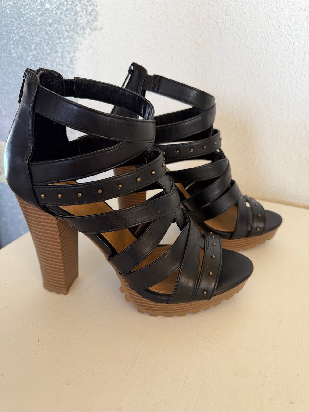 Report Black Strappy Platform Block-Heel Sandals with Studs